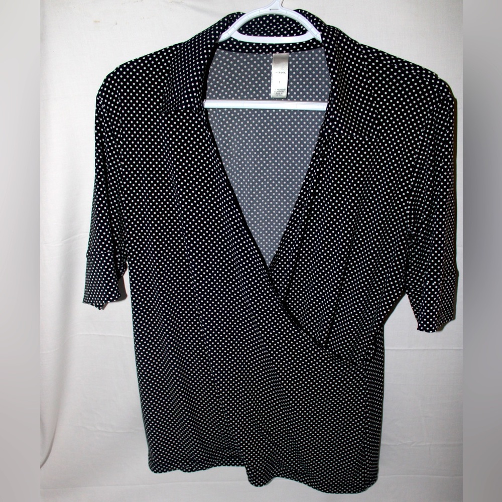 Merona Polka Dot Black White Wrap Blouse Top Size Large Black White Collar